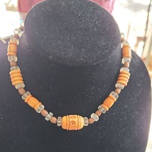 Vintage Carved Wood And Clear Beaded Necklace
